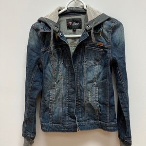 Guess Brand Hooded Jean Jacket, Small/Petite, Distressed Denim with Grey Hood